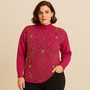 Vintage Victoria Jones Pink Beaded Sweater L Ramie Cotton‎ Embellished Pullover